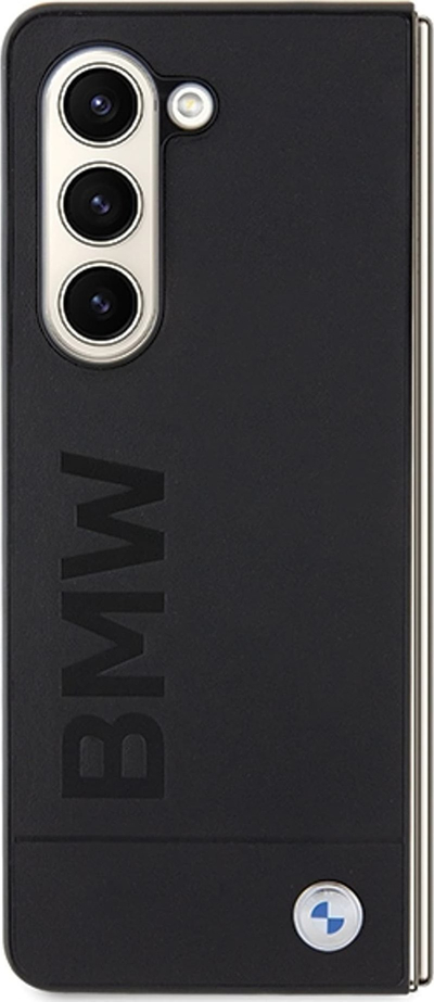 Kapak telefoni BMW Signature Logo Imprint për Samsung Galaxy Z Fold5, lëkurë e vërtetë, i zi