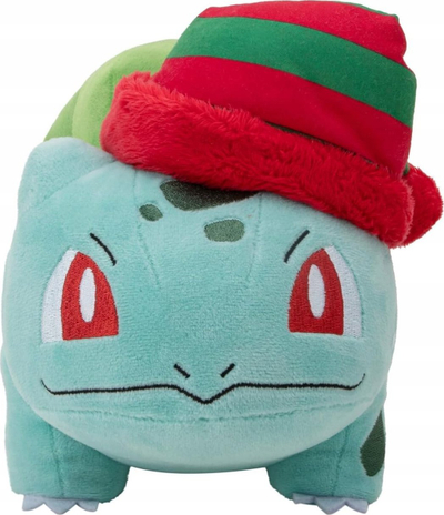 Peluç Pokemon Jazwares Bulbasaur për Krishtlindje, edicion festiv, jeshil me kapelë të kuqe