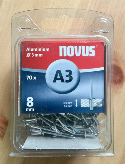 Thumba tuba alumini Novus A3, 3mm x 8mm, 70 copë, argjendtë