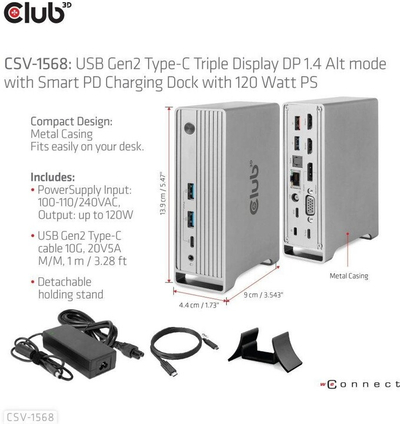 Stacion docking Club3D USB-C, Triple Display DP Alt mode Displaylink, PD 120W