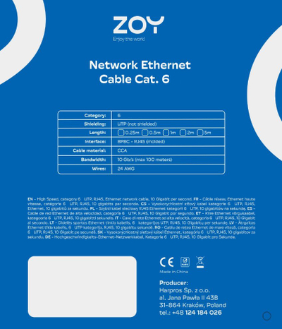 Kabllo rrjeti ZOY Cat 6 UTP CCA, 0.25m, e zezë