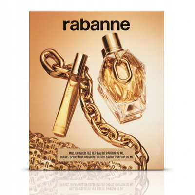 Set parfum Rabanne Million Gold For Her, EDP 90ml, spray udhëtimi 20ml, i artë