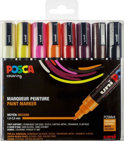 Set markerash Uni Mitsubishi Posca PC-5M, 8 copë, ngjyra të ngrohta