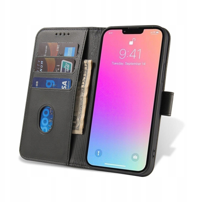 Këllëf magnetik portofol për telefon Oppo A17, lëkurë ekologjike, me qëndrim, i zi