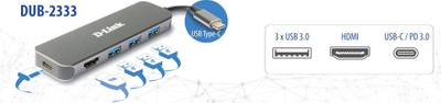 HUB USB C D Link DUB 2333, 5 me 1, HDMI 4K, gri