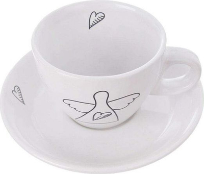 Set filxhanësh espresso Angel Motif, 2 filxhanë me pjatica, qeramikë e bardhë