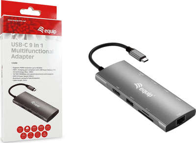 Адаптер USB-C Equip 133490, 9 во 1, HDMI 4K 60Hz, гигабит LAN, сива