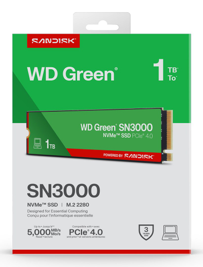 SSD i brendshëm Western Digital WD Green SN3000, 1TB, NVMe PCIe Gen4 M.2 2280, deri 5000 MB/s