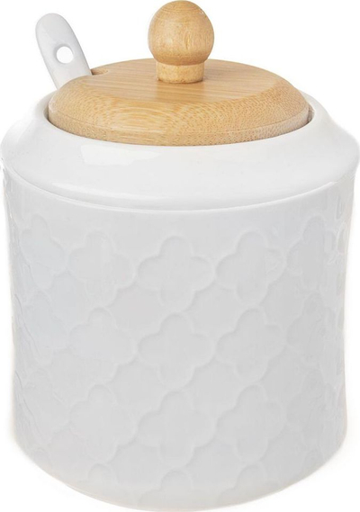 Enë sheqeri Orion WhiteLine, porcelan 11.5 cm, kapak bambuje, e bardhë