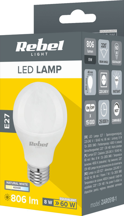 Llambë LED Rebel G45, E27, 8W 806lm 4000K, e bardhë