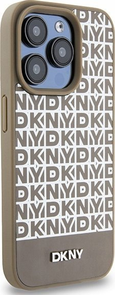 Kapak telefoni DKNY me lëkurë PU, me figura të logo-s dhe vijë poshtë, MagSafe, për iPhone 15 Pro, kafe