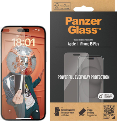 Xham mbrojtës PanzerGlass Classic Fit për iPhone 15 Plus, xham i kalitur, antibakterial, transparent