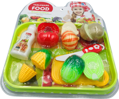 Set lodër kuzhine Tableware Food, perime plastike prerëse, thikë dhe tabaka, shumëngjyrëshe