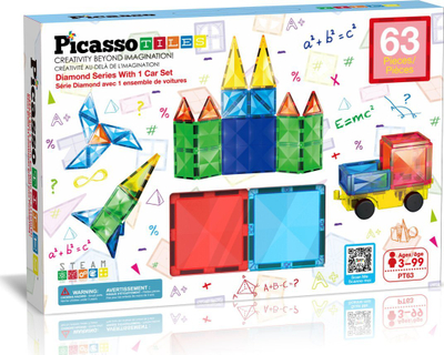Lodra magnetike PicassoTiles, 63 copa, set edukativ STEM, shumëngjyrësh