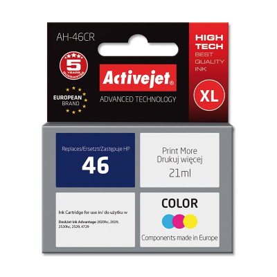 Ngjyrë për printer Activejet AH-46CR (zëvendësim për HP 46 CZ638AA), 35 ml, e kaltër / vjollcë /  e verdhë