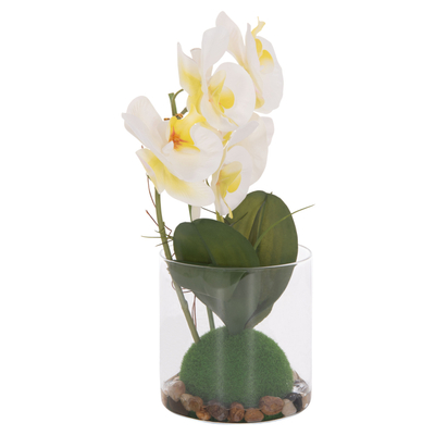 Bimë dekorative sintetike Phalaenopsis HM4738, vazo qelqi, 30cm, jeshile e bardhë