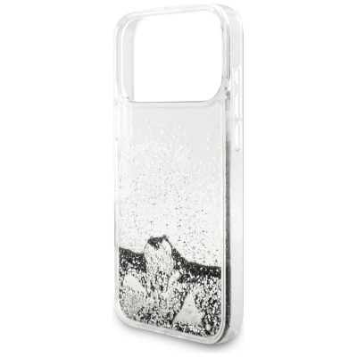 Kapak telefoni Guess Liquid Glitter Charms GUHCP17XGLHFLSI, për iPhone 17 Pro Max, transparent me shkëlqim, ngjyrë argjendi