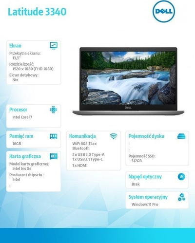 Laptop Dell Latitude 3340, 13.3", Intel Core i7-1355U, 16GB RAM, 512GB SSD