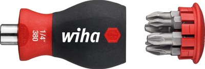 Kaçavidë e vogël stubby me bita Wiha 380, Phillips Pozidriv 1/4", e zezë me të kuqe