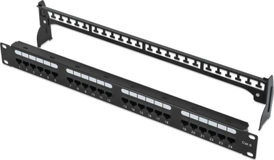 Patch panel Intellinet 24 porta RJ45, Cat6 UTP, me mbajtëse kabllosh, i zi