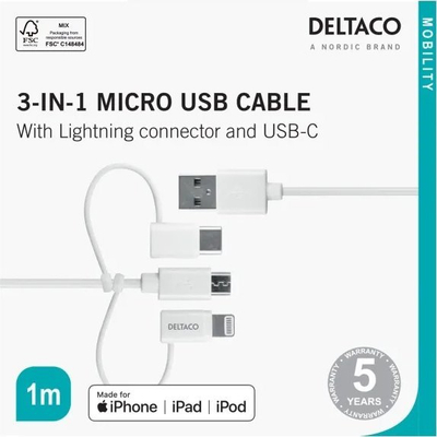 Kabllo USB Deltaco 3n1, USB-A në Micro USB USB-C Lightning, 1m, e bardhë