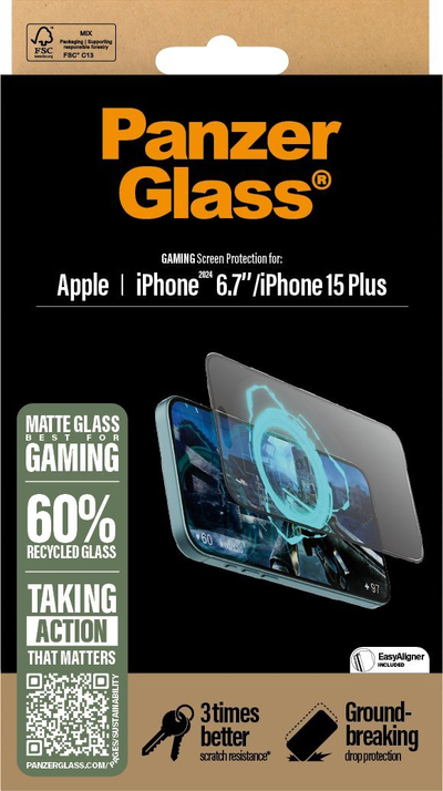 Qelq mbrojtës CARE by PanzerGlass Gaming Screen Protection, për iPhone 16 Plus 15 Plus, xham i fortë, transparent
