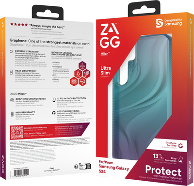 Kapak ZAGG Milan për Samsung Galaxy S24, mban rënie deri në 4 m, me grafen, transparent
