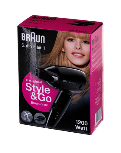Tharëse flokësh Braun Satin Hair 1 HD 130 To Go, kompakte për udhëtim, 1200W, e bardhë
