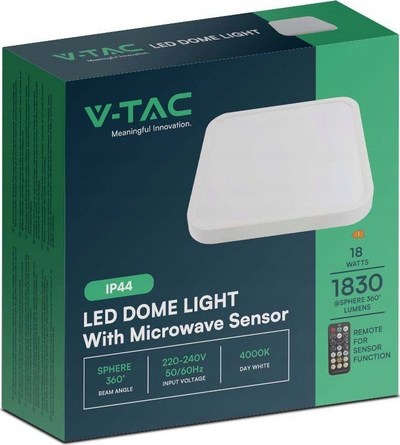 Plafonierë LED V-TAC Square, 18W, me sensor lëvizje me mikrovalë, dritë e bardhë 4000K IP44
