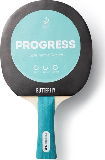 Raketë pingpongu Butterfly Progress, ITTF, me dorezë të lakuar, e kuqe me blu