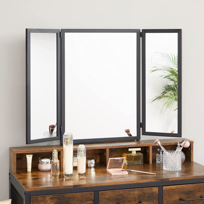 Tavolinë tualeti rustike Cosmetic Dressing Table, pasqyrë e madhe palosëse, 3 sirtarë, me stol, kafe