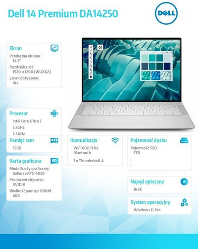 Laptop Dell 14 Premium DA14250, 32GB, 1TB, ngjyrë platini