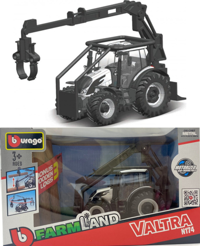 Lodër traktor Bburago Valtra M2 Q, me ngarkues përpara dhe ngarkues drush, 3 trungje 10 cm, shumëngjyrëshe