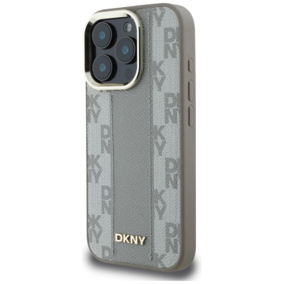 Футрола DKNY со кариран дезен MagSafe за iPhone 16 Pro Max, еко-кожа, сива