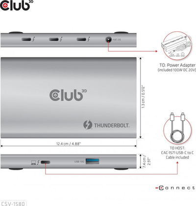 Stacion Thunderbolt 4 Club 3D CSV-1580, 3 porta Thunderbolt 4, USB A, gri