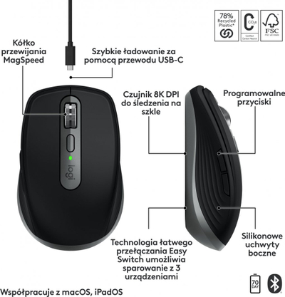 Maus Logitech Anywhere, wireless, Bluetooth, USB-C, i hirt