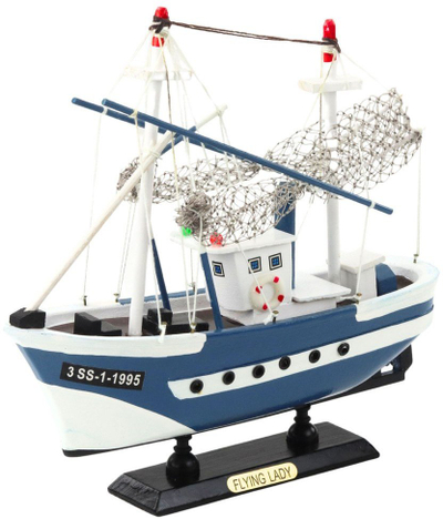 Model varke peshkimi Flying Lady për zbukurim, 24x23cm, dru, blu me të bardhë