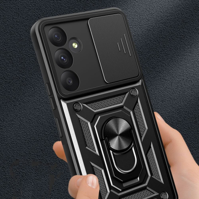 Mbulesë telefoni Tech-Protect Camshield Pro për Galaxy A35 5G, unazë që rrotullohet 360°, kapak kamere, e zezë