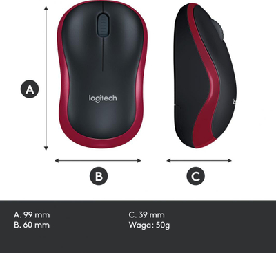 Maus Logitech M185, wireless, USB, i zi dhe i kuq