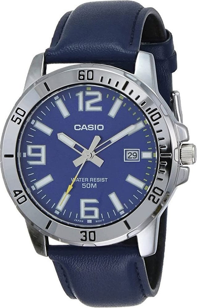 Orë dore Casio Enticer MTP-VD01L-2BV, analoge, rezistencë ndaj ujit 50 m, rrip lëkure blu