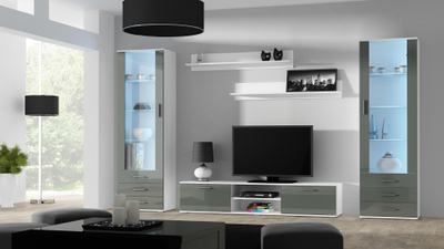 Komodë TV Chest Bed Meble Soho 180, MDF dhe panel i laminuar, e bardhë gri me shkëlqim