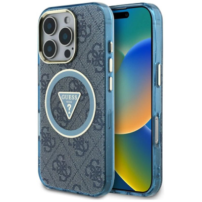 Маска за телефон Guess IML Metal Glitter 4G, MagSafe, за iPhone 16 Pro, сина