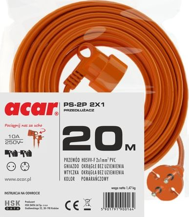 Zgjatues kopshti Acar PS 2P 2x1, 20 m, 10A 250V, portokalli