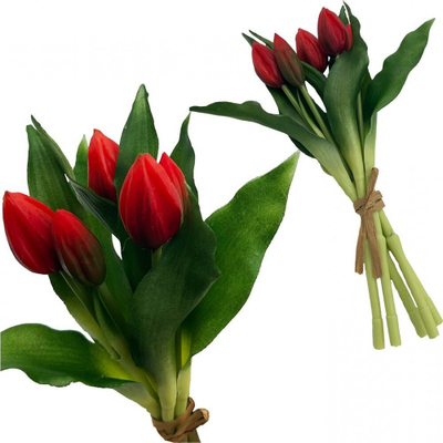 Buqetë lulesh artificiale Saska Gift and Decor, tulipanë të kuq, 5 copë, silikon PU 28 cm