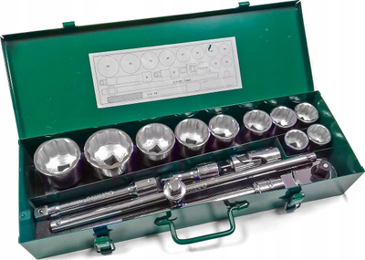 Set çelësash goditës SATA 09015, 30-60mm, 12-këndësh, me kuti metalike jeshile