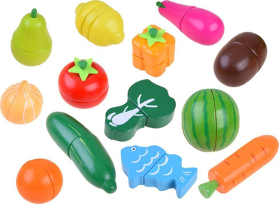 Set lodrash druri WOODEN VEGETABLE FRUITS, prerje magnetike, kuti druri, shumëngjyrëshe