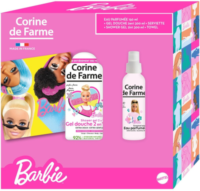 Set dhuratë për fëmijë Corine de Farme Barbie, xhel dushi 300 ml, ujë parfumi 150 ml, peshqir
