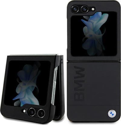 Kapak telefoni BMW Leather Hot Stamp për Samsung Galaxy Z Flip5, lëkurë natyrale, mbrojtës, i zi
