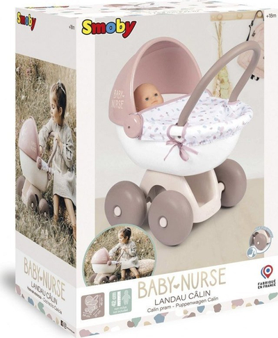 Karrocë lodër për kukulla Smoby Baby Nurse, për kukulla deri 42 cm, me tendë, rozë me të bardhë