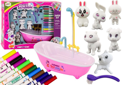 Set kreativ Lean Toys Scribble Scrubbie, 6 kukulla kafshësh, 12 markera, shumëngjyrësh